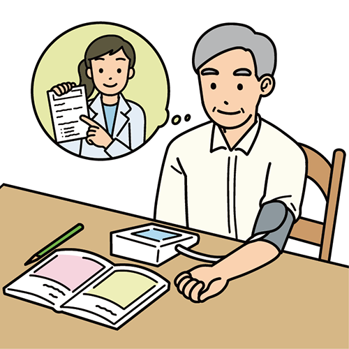 薬剤師の指示に従って血圧を測る男性